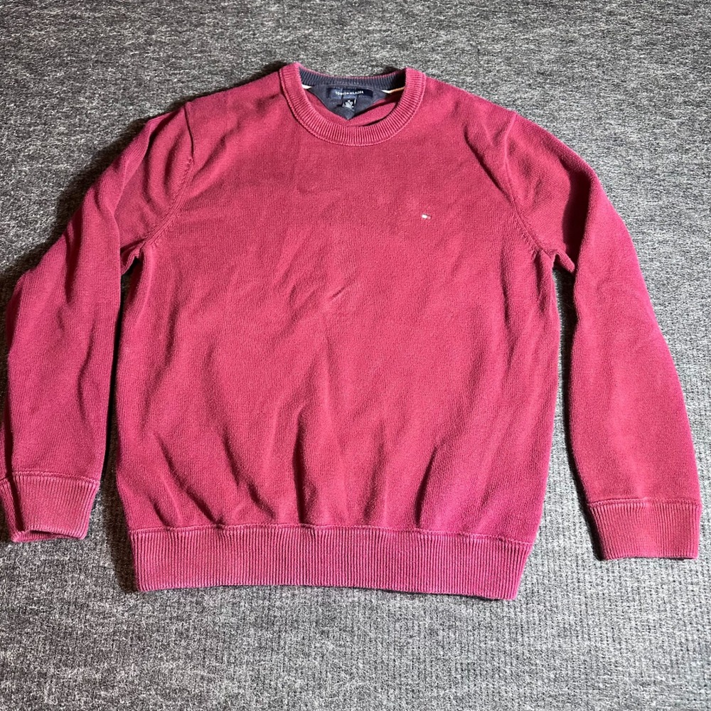 Tommy Hilfiger Mens XL Burgundy Red Cotton Knit Crewneck Pullover Sweater Logo